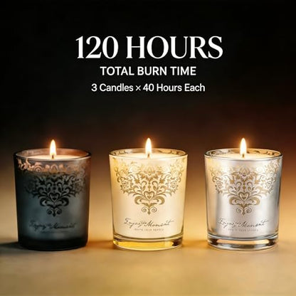 Luxury Candle Gift Set for Women, 3x7oz, Trimmer & Snuffer Lid | Soy candles: Scent Warm Sandalwood Rose, Bright Citrus Gardenia & Jasmine Rose Bloom, natural crystals, 120-hour burn