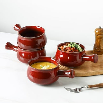 vicrays French Onion Soup Bowls With Handles, 26 Ounce for Soup, Chili, Beef Stew, Chip Resistant, Dishwasher Microwave Safe, Set of 4 (Cherry Red) - color: Cherry Red