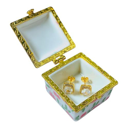 Tiny Square Porcelain Trinket Box | Pink Cabbage Roses | French Style Gift Box with Velvet Bag - style: Pink Cabbage Roses Square