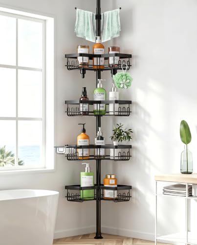 Corner Shower Caddy Tension Pole 4 Tier Rustproof Bathroom Organizer Shelves for Inside Shower Bathtub Shampoo Storage,26 to 120 Adjustable Standing Rack with Towel Rack - color: Black