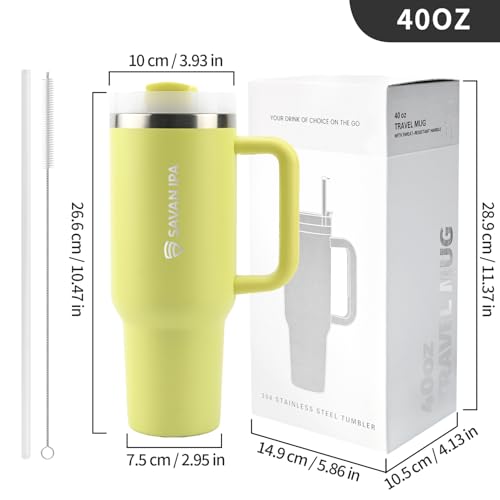 Insulated Tumbler, Lime Green, 40 oz | Stainless Steel Vacuum, Handle and Straw, Leak Resistant Lid, Fits Car Cup Holder - color: LIME YELLOW, size: 40 oz