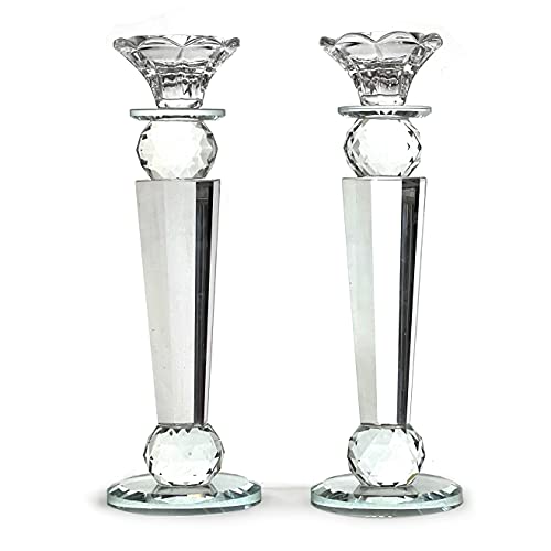 Allgala Set of 2 Crystal Glass Made Reverse Tapered Pillar and Hand Crafted Ball Candlesticks-10-HD89152 - size: 2 PC (10")