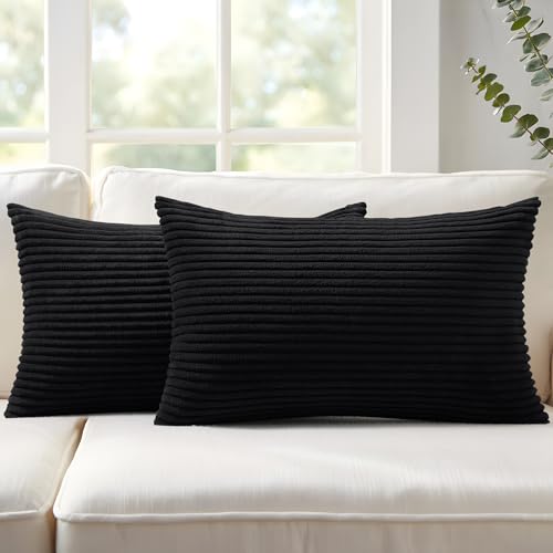 Mecatny Corduroy Decorative Throw Pillow Covers 12x20 Set of 2 Black | Soft Striped Texture, Hidden Zipper Design, Neutral Boho Lumbar Pillow Cases for Sofa Couch Living Room Bedroom, Home Décor - color: Black, size: 20" x 12" (Pack of 2)