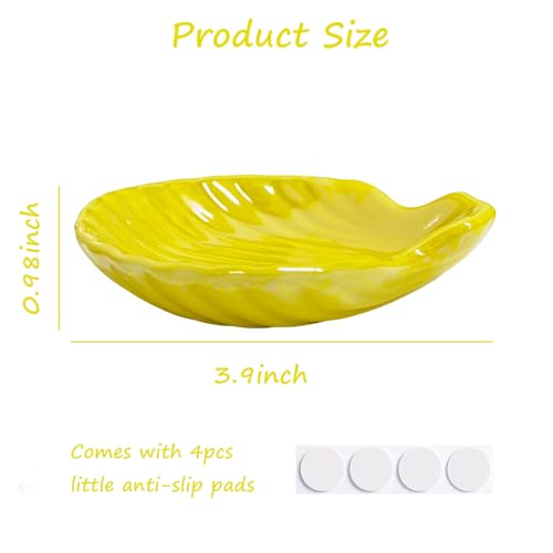 Shell Trinket Dish, Ceramic Jewelry Dish Tray, Cute Organizer Plate for Jewelry, Seashell Jewelry Ring Holder, Birthday Mother's Day Christmas Gift for Women, 3.9", Bright Yellow Iridescent Surface - color: Bright Yellow