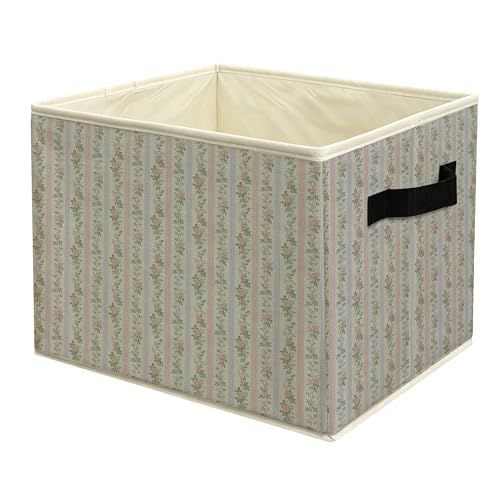 Pink and Blue Striped Rose Floral Storage Basket Bin with Handles, Grandmillennial Shabby Chic Flower Collapsible Fabric Storage Organizer for Girls Room Dorm Shelves Closet Clothes Toys - color: colour 15