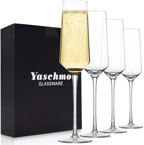 Champagne Flutes-Hand Blown Crystal Glasses Set of 4, 8oz, Elegant | Premium Lead-Free Crystal Champagne Flutes Glass, Ideal Gift for Wedding, Anniversary, Shower Party Supplies, Classic, Clear - color: Champagne