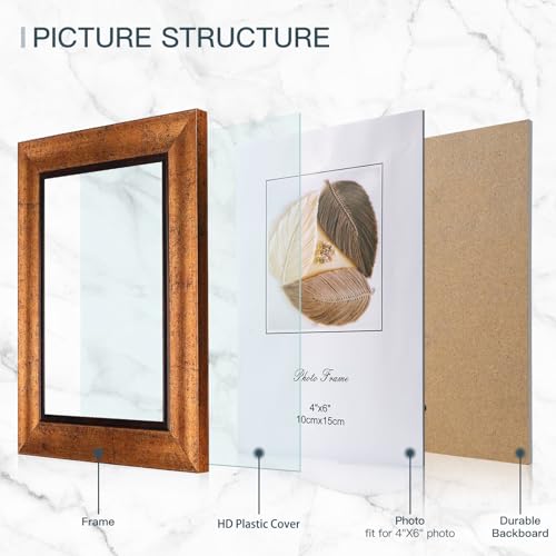 XUANLUO 4x6 Picture Frames Set of 4 Rustic Retro Photo Frame with HD Plastic Cover for Wall Mount and Tabletop Display Family Friends Wedding Gift - color: Gold-4pcs, size: 4×6 inch