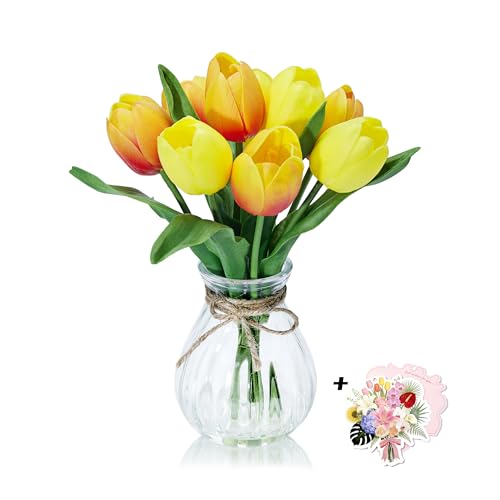 12in Artificial Yellow Tulips in Glass Vase with Faux Water for Home Decor | Zero-Maintenance PU Tulip Floral Arrangement for Home Living Room Office Desk Decor & Wedding Party,Perfect Housewarming Gift - color: Orange and Yellow Tulip With Glass Vase