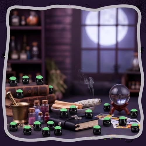 RoundFunny 50 Pcs Mini Black Cauldron Figurines Resin Witch Party Favors | Miniature Halloween Cauldron Pot with Potion, Hide and Seek, Trick or Treat, Micro Landscape Craft, Witches and Wizards Party - style: Witch Cauldron