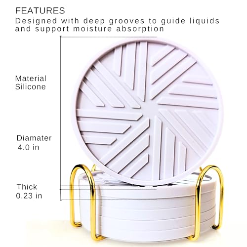 Silicone Drinks Coasters Set of 6 - with Smart, Modern Groove Patterns & Gold Holder Protecs Your cofee Table from Condensation Cups, muggs Home, Office, bar Decor - Lavander White - color: Lavander White