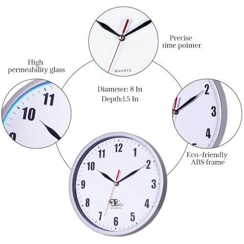 SAC SMARTEN ARTS Silent Wall Clocks Battery Operated Wall Clock for Kids White Non-Ticking Easy to Read Wall Clock for Bathroom Kitchen Living Room Bedroom in 8 Inches - color: 02 Silver
