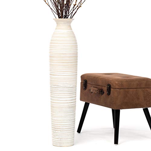 Leewadee Large White Wash Home Decor Floor Vase – Wooden 36 inches Tall Farmhouse Decor Flower Holder for Fake Plant and Pampas Grass | Decor Vase for Living Rooms and Empty Corners, for Branches & Dried Grasses. Tougher than Ceramic, No Water. Boho - col