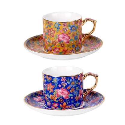KAMMAK Tea Cup and Saucer, Ceramic Coffee Cups, 6 oz, Set of 2 | Porcelain Tea Cups with Saucers for Coffee and Cappuccino, Ideal for Breakfast, Afternoon Tea and Entertaining,649+650N - style: 649N+650N
