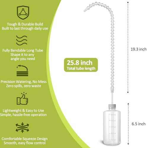 Long Reach Hanging Plant Watering Bottle - 19.6" Adjustable Nozzle, 16.9oz (500ml) Squeeze Watering Can for Indoor Outdoor Ceiling Plants