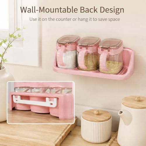 3 Pcs Glass Coffee Station Organizer Set, Pink Sugar Container Jars with Tray, Scoops and Label Stickers for Beans, Candy, Oats, Nuts, Spices