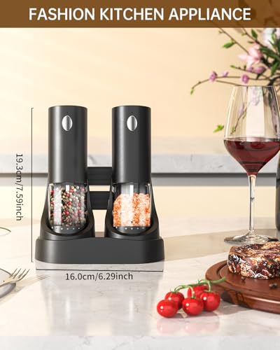 CIRCLE JOY Electric Salt and Pepper Grinder Set Automatic Salt and Pepper Grinder Set with Easy-to-Carry Charging Base and LED Light, USB Rechargeable, Upgrade External Adjustable Coarseness - color: Black