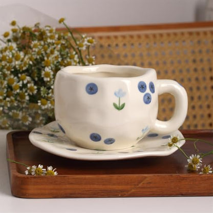 TREEWOO Hand Painted Blueberry Ceramic Coffee Cup and Saucer Set, 250ml/8 oz, Korean Style, Hand Pinched Irregular Cappuccino Latte Tea Cup - color: Blueberry
