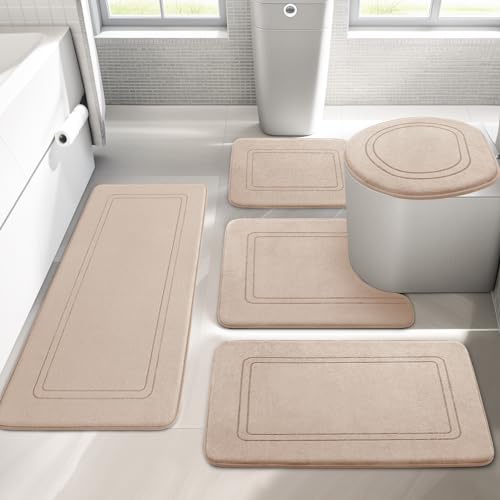 Beige Memory Foam Bathroom Rug Set 5 Piece, Absorbent Bath Mat Sets, Non Slip Bath Mats for Bathroom Floor, Washable & Dry Quickly Bath Rug Set, Beige Rug Set5 Pieces - color: Beige, size: 5pieces