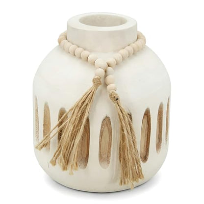 Handmade Wooden Vase with Decorative Beads and Tassels | Rustic Farmhouse Style, Farmhouse vase, Boho vase