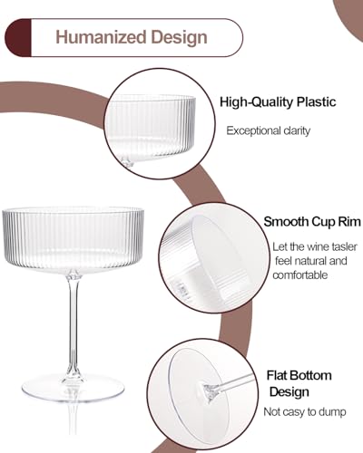 Ciaell 12 Pack Plastic Martini Glasses for Bars Parties | 10 oz Ribbed Coupe Cups, Heavy Duty Plastic, Cocktails Whiskey Margaritas Espresso Martinis for Weddings Outdoor Dinners - color: Clear