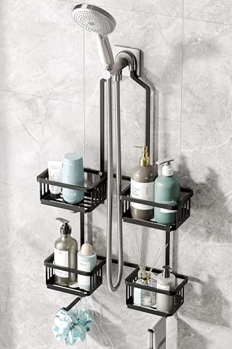 Aluminum Shower Caddy Hanging for Handheld Showerheads, Never Rust Shower Organizer with Hooks Holder Toothbrush Holder，Over Showerhead Caddy for Bathroom, Black - color: Black