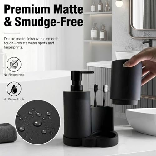 Black Resin Bathroom Accessories Set, Removable, 3 Piece Easy-to-Clean | Soap Dispenser, Toothbrush Holder, Tumbler & Countertop Organizer,Bathroom Accessory Set for Home, Apartment & Guest Bathroom