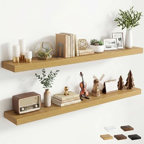 55 inchs Floating Shelves for Wall Mounted Set of 2,Rustic Wood Floating Shelf with Invisible Brackets for Small Bathroom,Bedroom,Living Room,Modern Home Decor -Oak Color - color: Oak, size: 55''W x 7.9''D x 1.5''H,Set of 2-MDF
