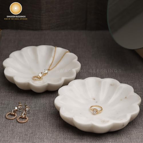 SWADESHI BLESSINGS HandMade Marble Jewelry Tray, Trinket Dish, Catch-all,5" | 100% Natural Marble Bowl- Organizes Rings, Earrings, Bracelets & Keys, Gift-Ready for Mother Sister Daughter on all Occasions