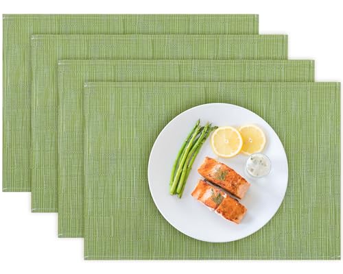 Bloss Placemats Set of 4, Linen Woven Place Mats for Kitchen Table Indoor/Outdoor, 12" x 18" Washable Placemat Dining Table Mats - color: Grass Green, size: 12" x 18" / 4 PCS