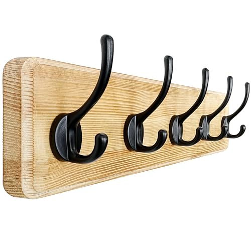 Coat Rack Wall: Patented, Heavy-Duty, 5-Double-Hooks Wooden Wall Mounted Coat Rack Coat Hanger Hook Rail for Winter Coats Hat Jacket Clothing, Light Brown - color: Light Brown & Black, size: L=17.4" (1pcs)