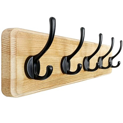 Coat Rack Wall: Patented, Heavy-Duty, 5-Double-Hooks Wooden Wall Mounted Coat Rack Coat Hanger Hook Rail for Winter Coats Hat Jacket Clothing, Light Brown - color: Light Brown & Black, size: L=17.4" (1pcs)