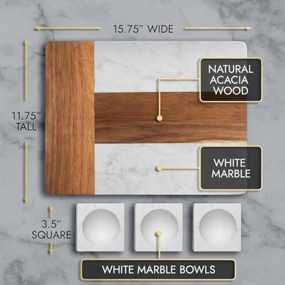 HomeWetBar Personalized Charcuterie Board Gift Set | Custom 15.75" x 11.75" White Marble & Acacia Wood Cheese Board with Serving Bowls | Perfect Housewarming + Wedding + Couples Gift Idea - style: Winslow White Marble Board + Serving Bowls