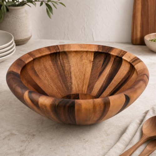 Arthur Court Acacia Wood Salad Bowl - Modern Wavy Design for Fruits and Salads - 6" Tall, 16" Diameter - size: Salinas