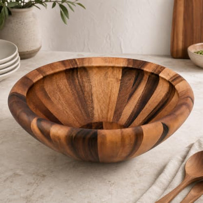 Arthur Court Acacia Wood Salad Bowl - Modern Wavy Design for Fruits and Salads - 6" Tall, 16" Diameter - size: Salinas