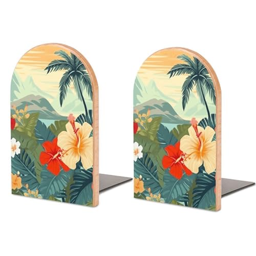 Summer Hawaiian Book Ends for Shelves - 2 Pack Handmade Wooden Bookends with Metal Base, Sturdy Book Holder for Heavy Books Modern Decorative Book Stopper for Home Office
