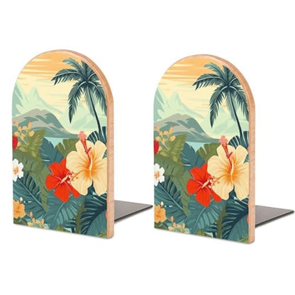 Summer Hawaiian Book Ends for Shelves - 2 Pack Handmade Wooden Bookends with Metal Base, Sturdy Book Holder for Heavy Books Modern Decorative Book Stopper for Home Office