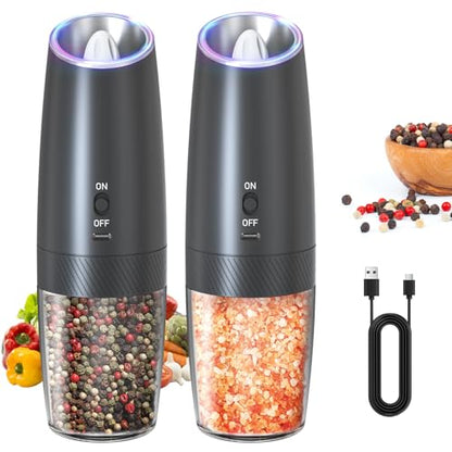 CIRCLE JOY Rechargeable Electric Salt and Pepper Grinder Set Gravity Salt and Pepper Mills Set with LED Light, No Battery Needed, Adjustable Coarseness, Washable 135ml Container, Black - color: Black, size: KYMQ + Rechargeable