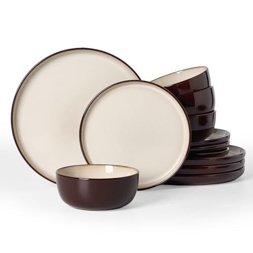 Famiware Milkyway 12-Piece Stoneware Dinnerware Set, Light khaki & Cocoa | Plates and Bowls for 4, Handmade Reactive Glaze Dish Set, Microwave & Dishwasher Safe, Chip & Scratch Resistant - color: Light khaki & Cocoa, size: Service for 4 (Standard Dinner S