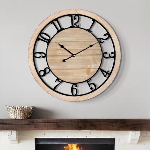LEIKE 20 Inch Large Wall Clock - Rustic Wooden Silent Non-Ticking Wall Clock with Black Metal Frame, Vintage Farmhouse Decorative for Living Room, Bedroom, Kitchen - Arabic Numerals, Modern Design - color: Arabic Numerals, size: 20 inch