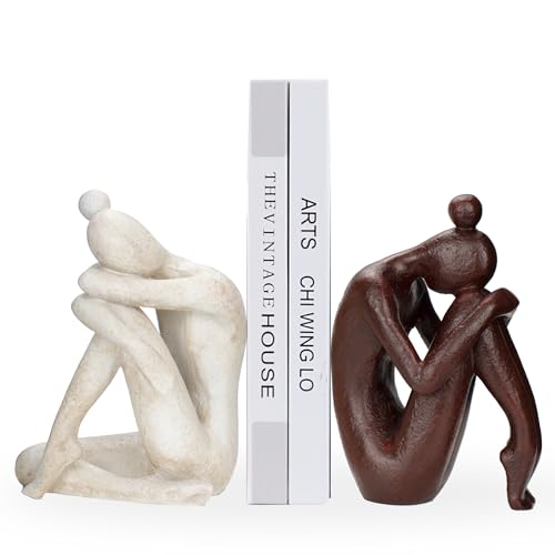 Decorative Bookends for Shelves, Unique Book Ends for Home Office Decor, Meditation Girl Statue Book Stopper for Bookshelf Decor, Modern Abstract Aesthetic Decoration White & Brown - style: Meditating Girls