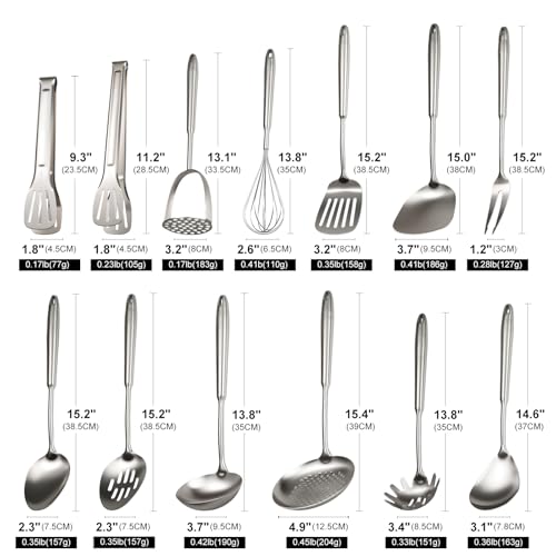 304 Stainless Steel Cooking Utensils Set, 13 PCS Long Large Metal Cooking Utensil Tools Set, Mirror Polished Kitchen Gadget Cookware and Kitchen Tool Set, Dishwasher Safe