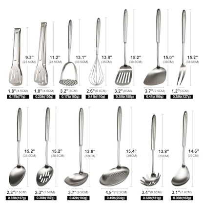 304 Stainless Steel Cooking Utensils Set, 13 PCS Long Large Metal Cooking Utensil Tools Set, Mirror Polished Kitchen Gadget Cookware and Kitchen Tool Set, Dishwasher Safe