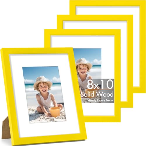 Vittanly Solid Wood 8x10 Picture Frames Set of 4, Yellow | 5x7 Picture Frame with Mat, Gallery Wall Frame Set, 8 x 10 Frame for Wall & Tabletop Display, Family, Pet, Christmas - color: Yellow, size: 8x10