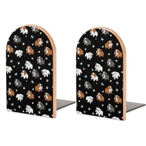 2 Pcs Wood Book Ends for Shelves Heavy Duty Bookends Holds with Metal Base | English Bulldog Art, Decorative Book Organizer, Home Office Library Accessories - color: Style(510)