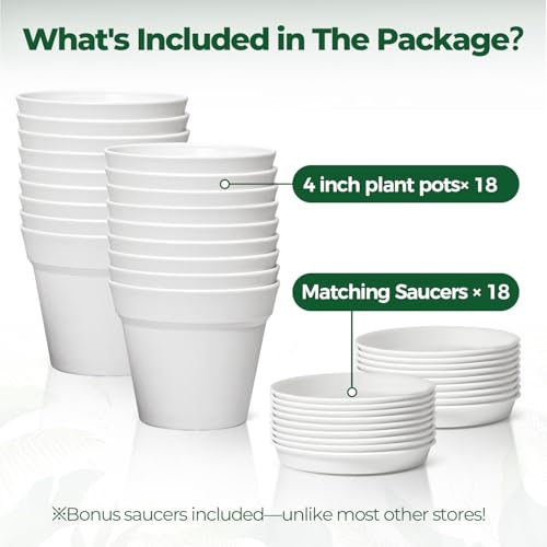 T4U Small Plant Pots 4 Inch 18 Pack, Plastic Flower Pots with Saucer White | Nursery containers for succulents cactus herbs, Desk windowsill shelf, Violet african violet, Compact lightweight - color: White, size: 4 In