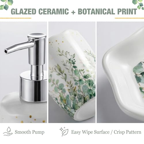 Sage Bathroom Accessories Set 4 Piece, Ceramic Soap Dispenser with Pump, Toothbrush Holder, Tumbler Cup & Soap Dish, Botanical Greenery Countertop Decor, White with Gold Speckles - style: Sage