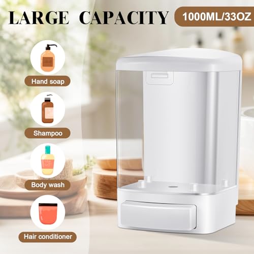 Hushee 4 Pcs Wall Mounted Soap Dispenser,33.8 Oz 1000 Ml,White | Manual Press, 1000ml 33.8oz Capacity Clear Window, For Restaurant Bathroom Kitchen Hotel, Liquid Soap Shampoo Dispenser - color: White, size: 33.8 oz 1000 ml