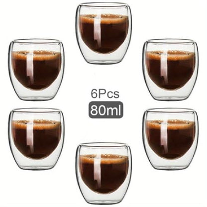 Double Walled Espresso Cups Set of 6, 2.7oz Insulated Clear Glass Coffee Mugs, Espresso Shot Glasses Cups for for Coffee Cappuccino Latte Tea, Gift for Chrismas, Brithday