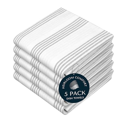 Ash Gray Striped Dish Towels 5 Pack, Ultra Absorbent, Multi Pin Stripe Towel Set, Quick Dry Cotton Kitchen Towels for Cleaning Counters, Drying Dishes, Everyday Cleanup - color: Light Grey, style: 5 Pack