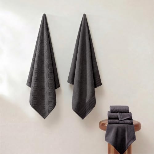 Modern Threads 6 Piece Cotton Bath Towel Set – Ultra Soft 550 GSM Towels – Bathroom Set with Hand Towels and Washcloths – Geometric (Charcoal) - color: Charcoal, size: Standard, style: Geometric